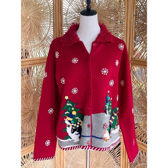 Vintage Karen Scott Red Knit Embroidered Christmas Penguin Ugly Sweater Cardigan - Picture 4 of 7